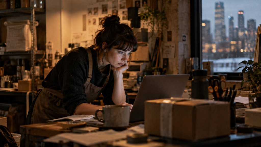 A small-business owner in an apron leaning over a laptop on a cluttered back-office desk late in the day, photographed in Minneapolis