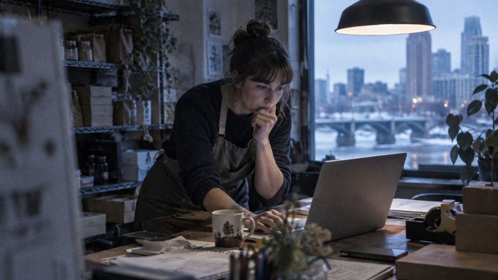 A small-business owner in an apron leaning over a laptop on a cluttered back-office desk late in the day, photographed in Minneapolis