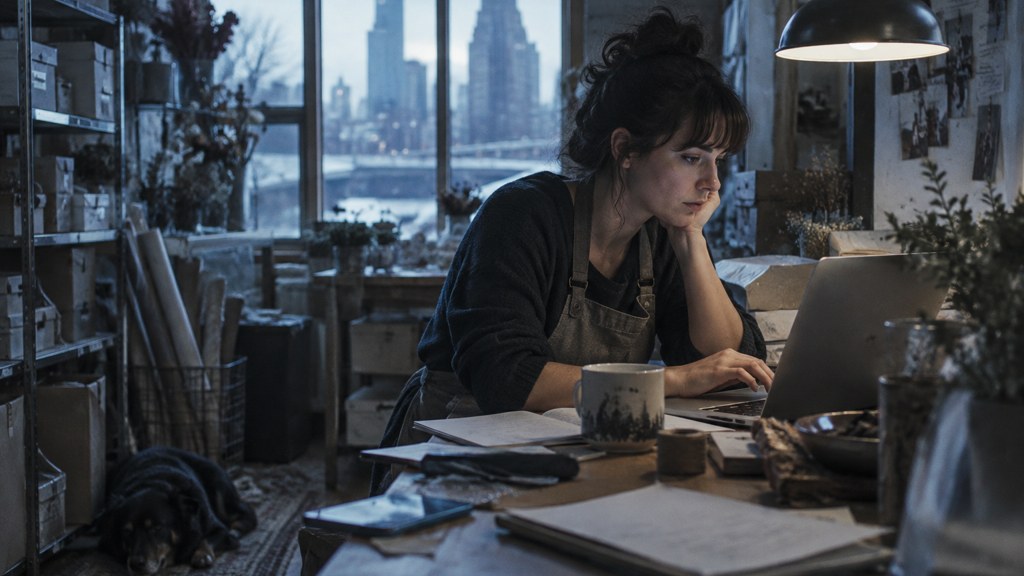 A small-business owner in an apron leaning over a laptop on a cluttered back-office desk late in the day, photographed in Minneapolis