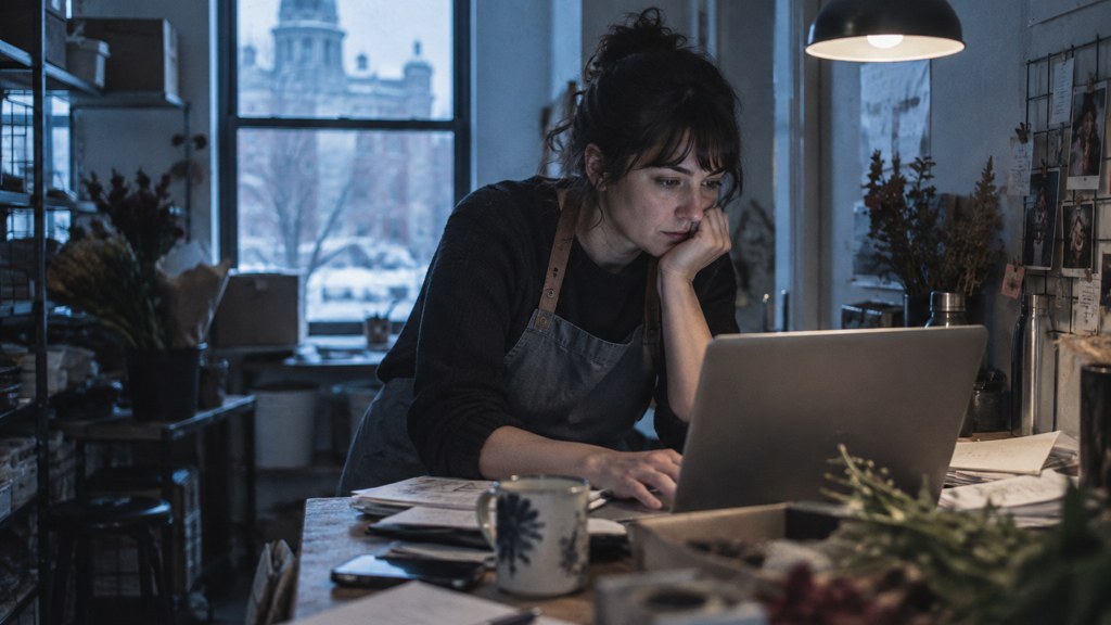 A small-business owner in an apron leaning over a laptop on a cluttered back-office desk late in the day, photographed in Montréal