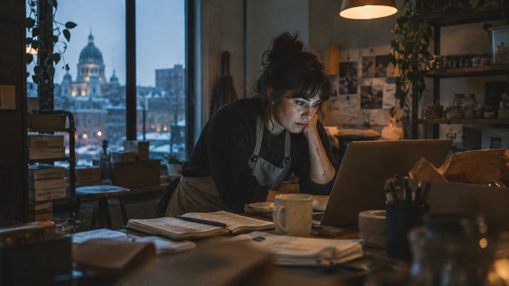 A small-business owner in an apron leaning over a laptop on a cluttered back-office desk late in the day, photographed in Montréal