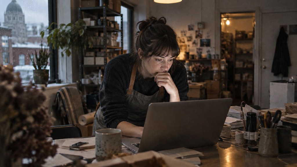 A small-business owner in an apron leaning over a laptop on a cluttered back-office desk late in the day, photographed in Montréal