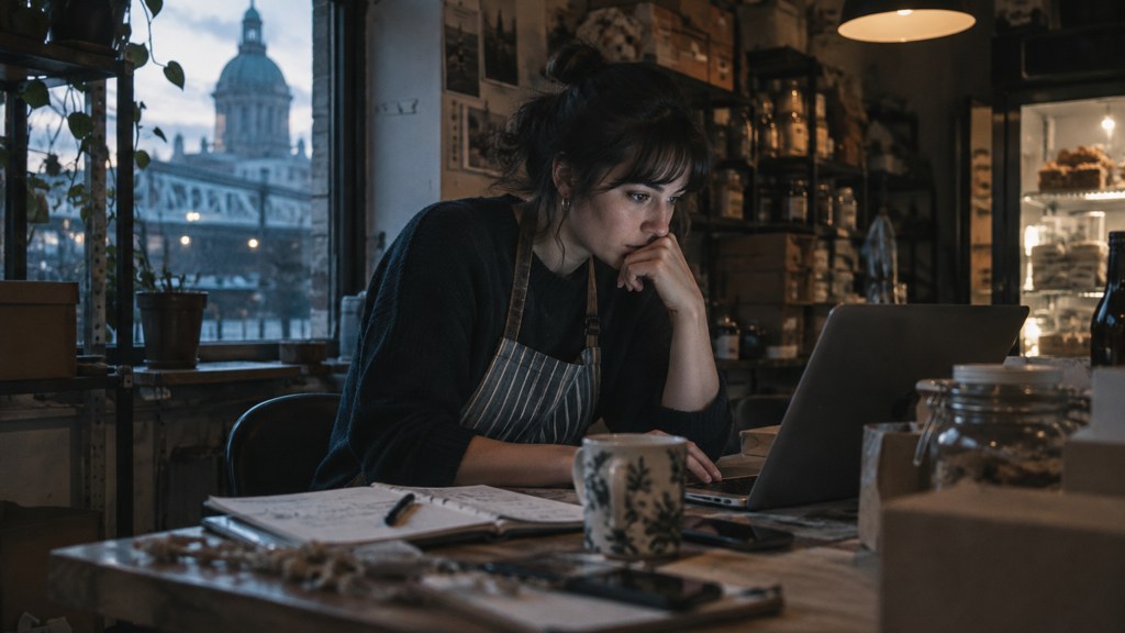 A small-business owner in an apron leaning over a laptop on a cluttered back-office desk late in the day, photographed in Montréal
