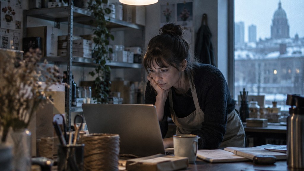 A small-business owner in an apron leaning over a laptop on a cluttered back-office desk late in the day, photographed in Montréal