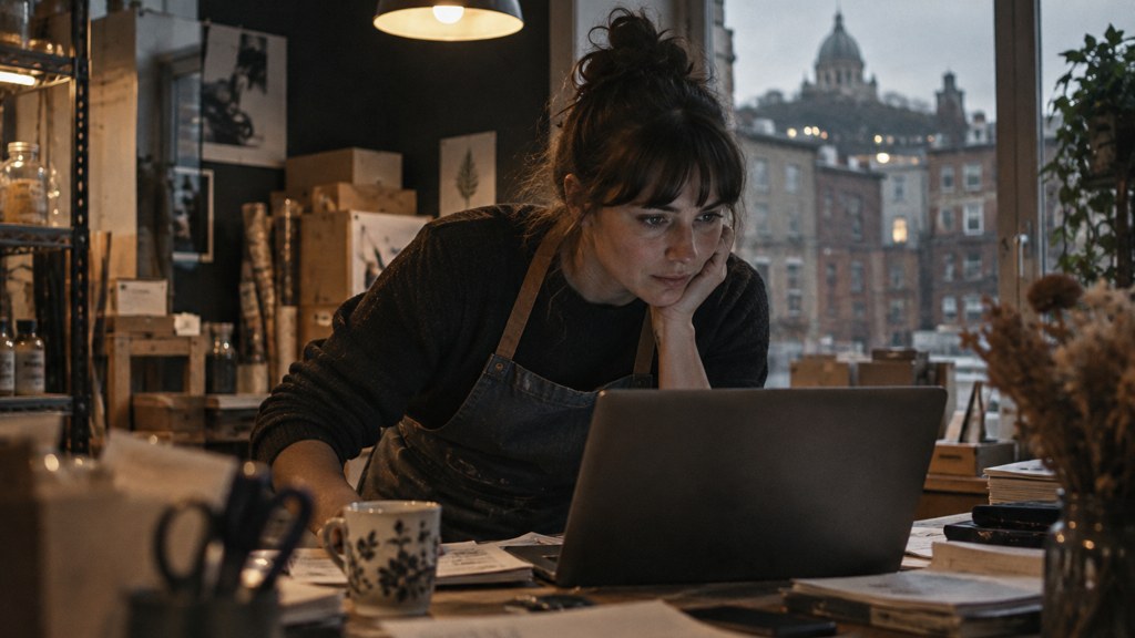 A small-business owner in an apron leaning over a laptop on a cluttered back-office desk late in the day, photographed in Montréal