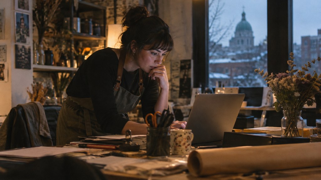 A small-business owner in an apron leaning over a laptop on a cluttered back-office desk late in the day, photographed in Montréal
