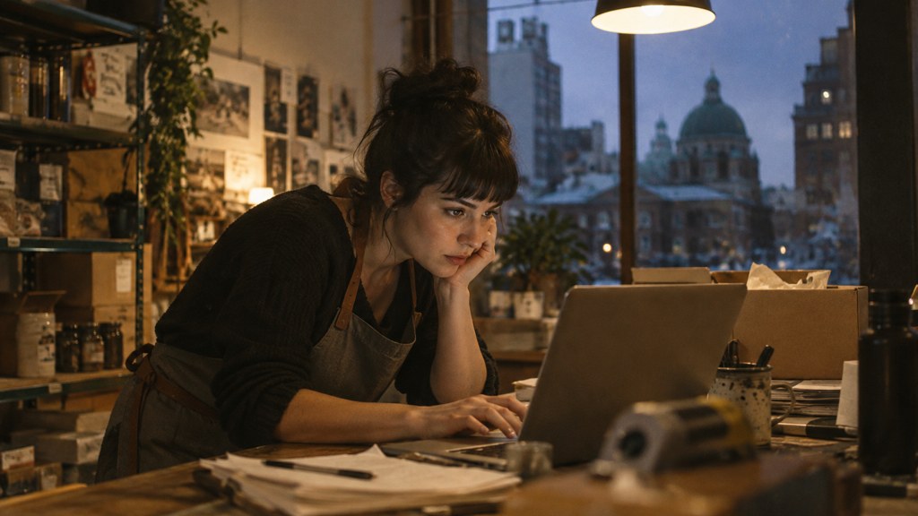 A small-business owner in an apron leaning over a laptop on a cluttered back-office desk late in the day, photographed in Montréal
