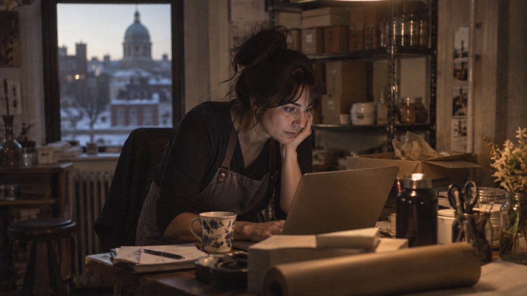 A small-business owner in an apron leaning over a laptop on a cluttered back-office desk late in the day, photographed in Montréal
