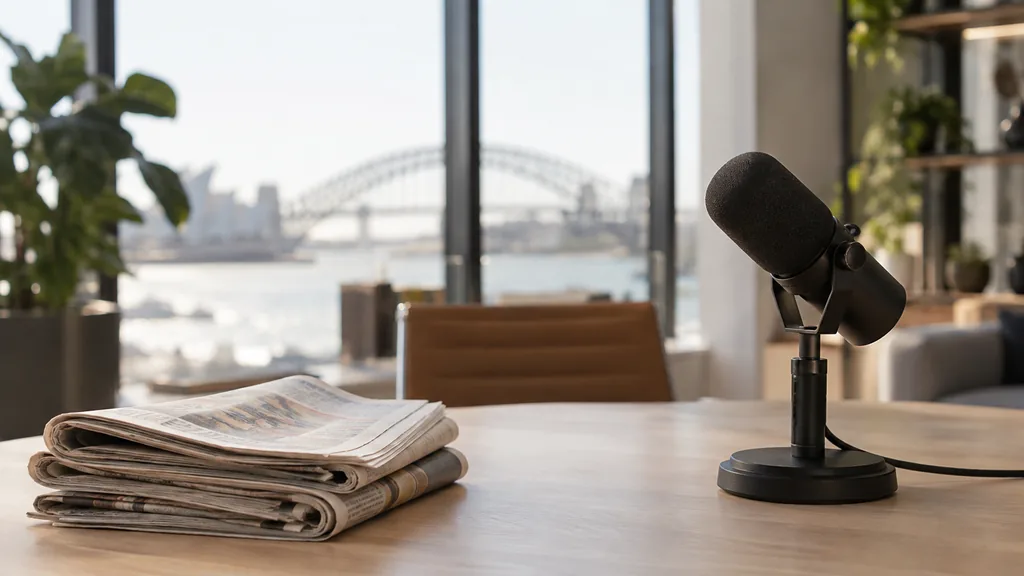 An empty workspace in a bright Sydney communications studio in the morning, folded newspapers and a switched-off microphone on a pale timber table, tall windows with soft bokeh of harbour light