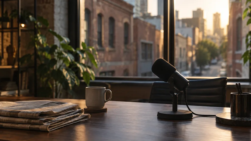 An empty workspace in a Melbourne communications studio in the late afternoon, folded newspapers and a switched-off microphone on a dark walnut table, warm window light and soft bokeh of brick laneway buildings