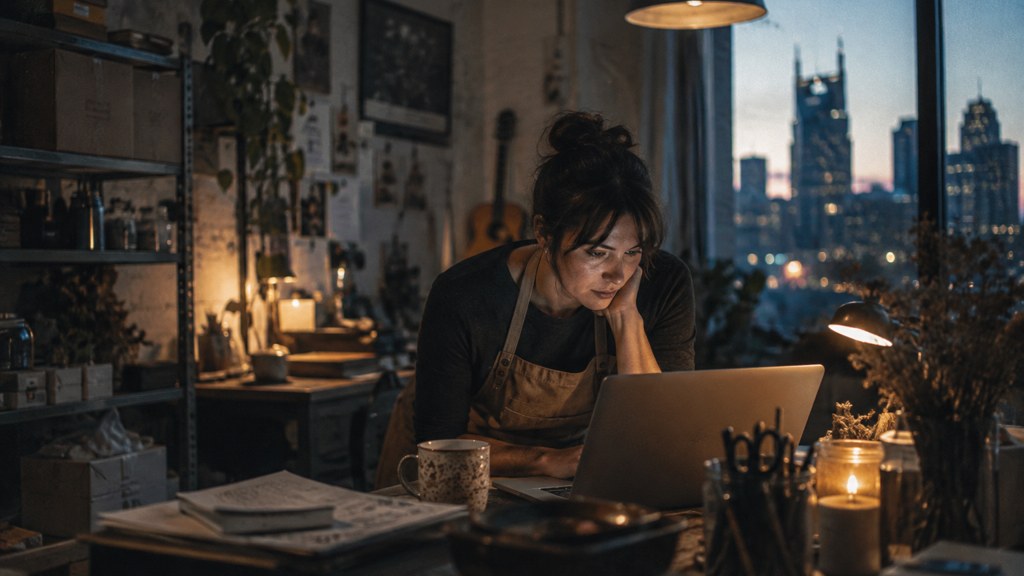 A small-business owner in an apron leaning over a laptop on a cluttered back-office desk late in the day, photographed in Nashville
