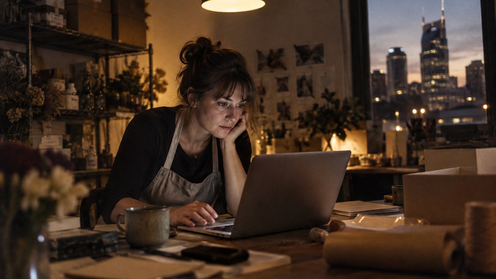 A small-business owner in an apron leaning over a laptop on a cluttered back-office desk late in the day, photographed in Nashville