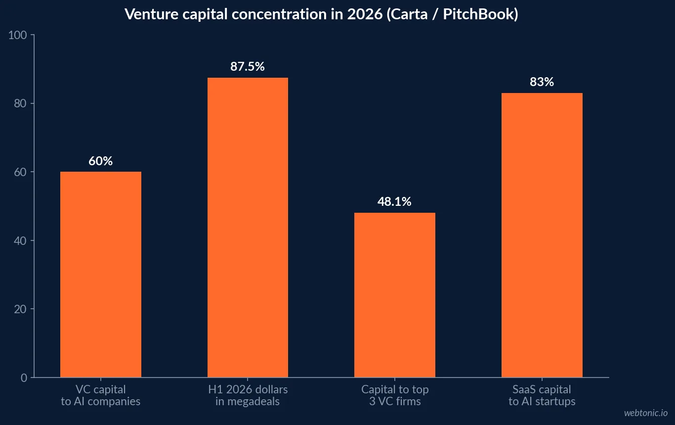 Bar chart of where 2026 venture capital concentrates, showing over 60 percent going to AI companies, 87.5 percent of H1 dollars in megadeals of 100 million or more, and three firms taking 48.1 percent of all capital raised