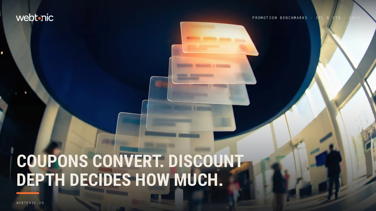 Promotion statistics 2026 thumbnail showing coupon codes converting at 15.29 percent on average, ranging from 8.04 percent in telco to 17.81 percent in retail