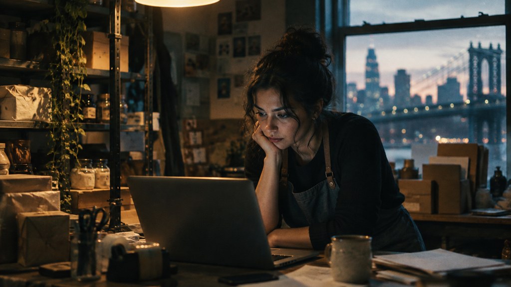 A small-business owner in an apron leaning over a laptop on a cluttered back-office desk late in the day, photographed in New York