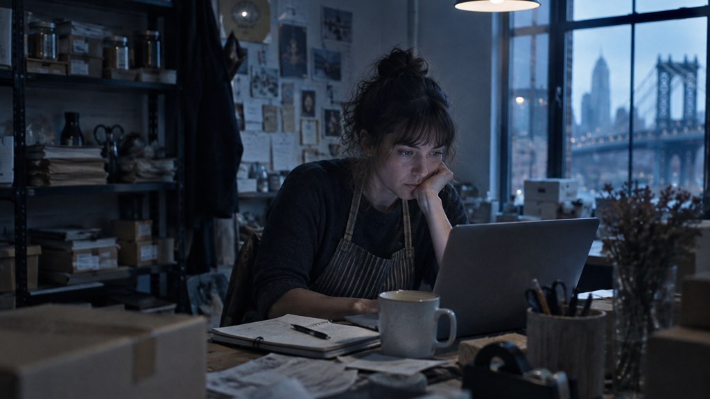 A small-business owner in an apron leaning over a laptop on a cluttered back-office desk late in the day, photographed in New York