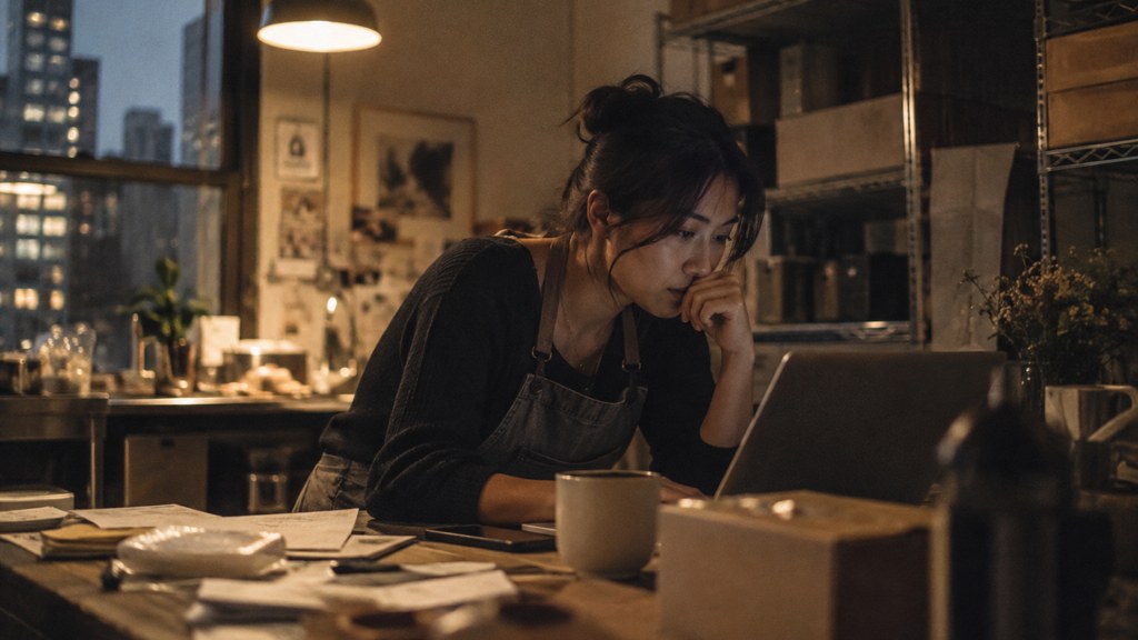 A small-business owner in an apron leaning over a laptop on a cluttered back-office desk late in the day, photographed in New York