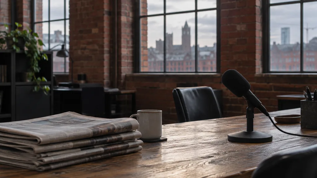 An empty workspace in a converted red-brick Manchester press office at dawn, folded broadsheets and a switched-off desk microphone on a worn oak table, tall warehouse windows with soft grey northern light