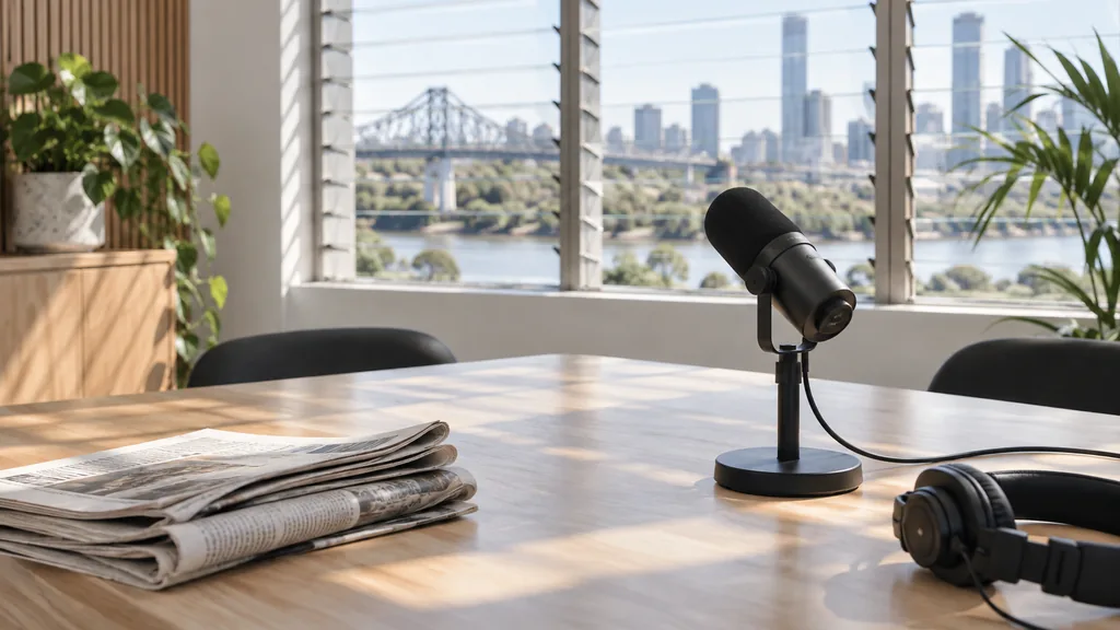 An empty workspace in a bright Brisbane communications studio at mid-morning, folded newspapers and a switched-off broadcast microphone on a pale eucalypt table, louvred windows with soft subtropical light