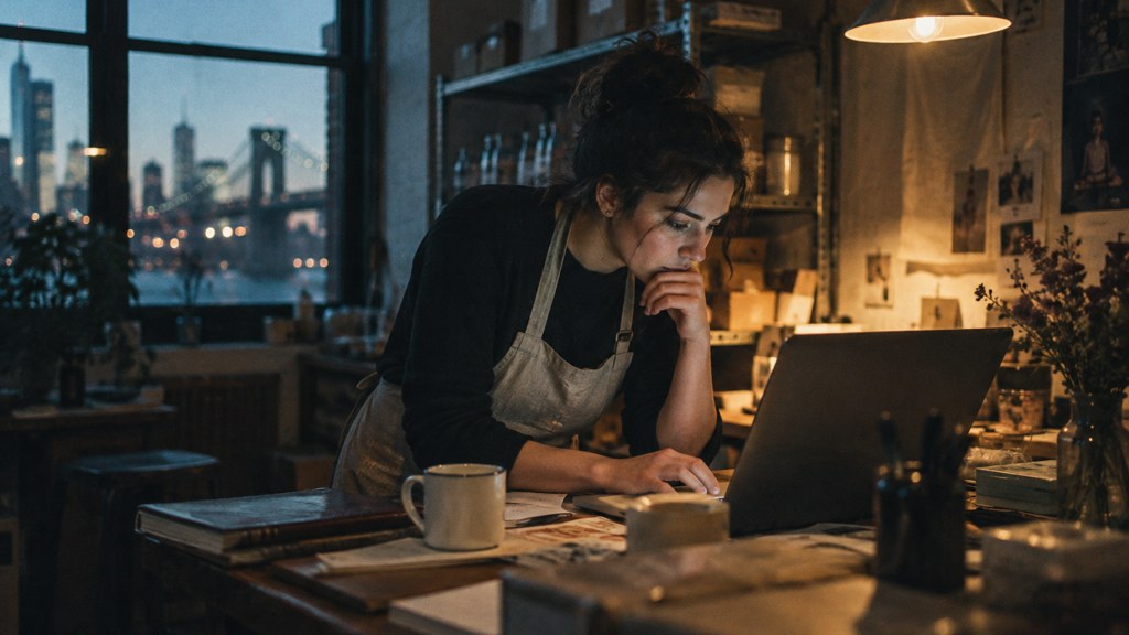 A small-business owner in an apron leaning over a laptop on a cluttered back-office desk late in the day, photographed in New York