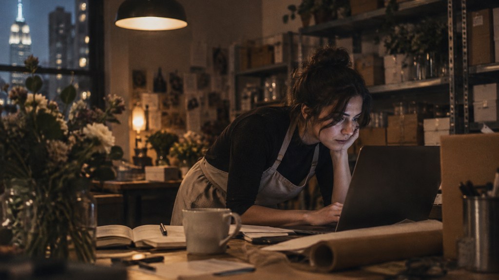 A small-business owner in an apron leaning over a laptop on a cluttered back-office desk late in the day, photographed in New York