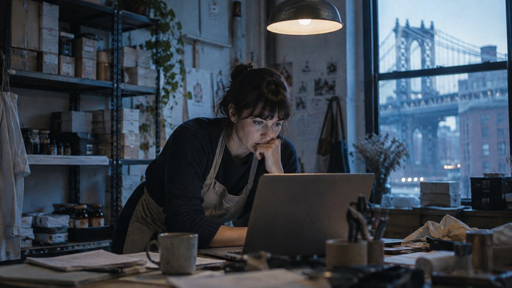 A small-business owner in an apron leaning over a laptop on a cluttered back-office desk late in the day, photographed in New York