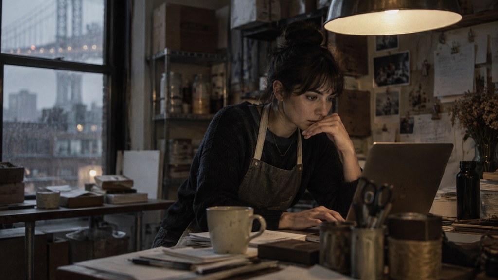 A small-business owner in an apron leaning over a laptop on a cluttered back-office desk late in the day, photographed in New York