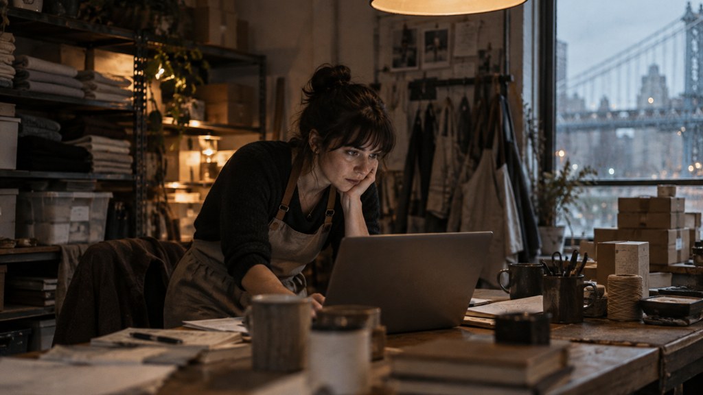A small-business owner in an apron leaning over a laptop on a cluttered back-office desk late in the day, photographed in New York