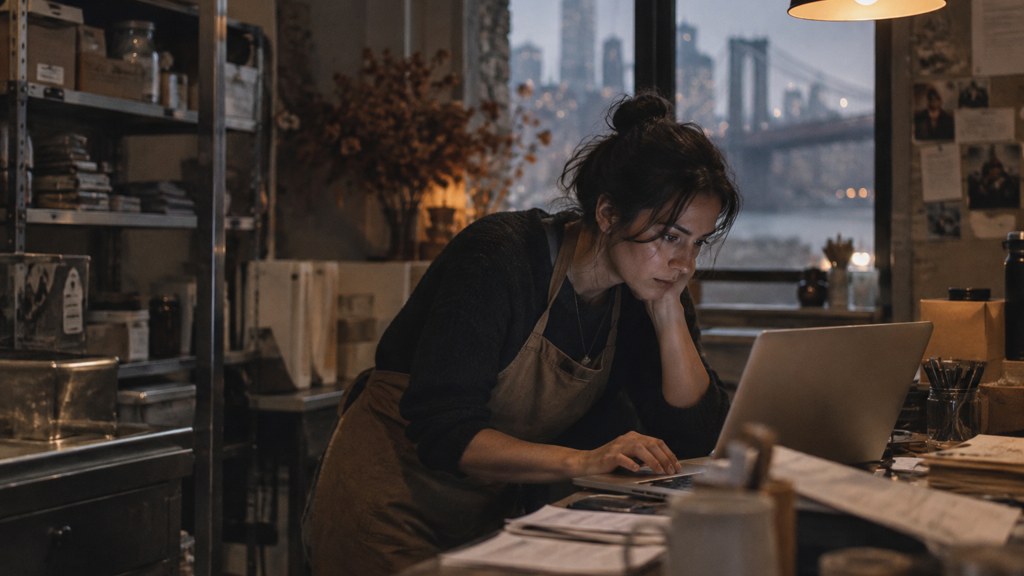 A small-business owner in an apron leaning over a laptop on a cluttered back-office desk late in the day, photographed in New York
