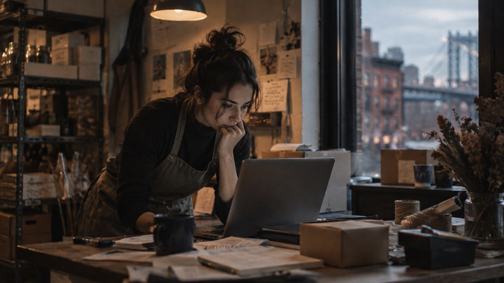 A small-business owner in an apron leaning over a laptop on a cluttered back-office desk late in the day, photographed in New York