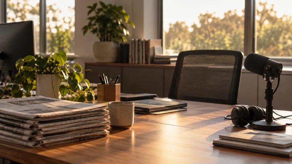 An empty workspace in a quiet Perth communications office in late afternoon, stacked newspapers and a switched-off studio microphone on a pale jarrah desk, wide windows with warm dry western light