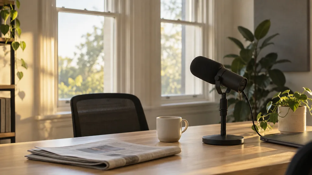 An empty workspace in a calm Adelaide communications studio in the morning, a folded newspaper and a switched-off broadcast microphone on a light oak table, tall sash windows with soft golden light