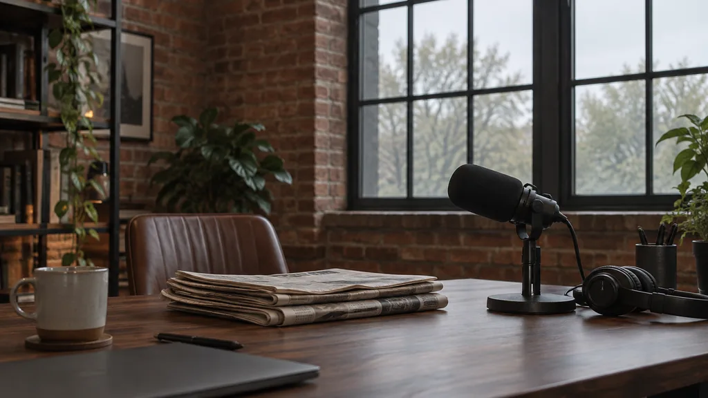 An empty workspace in a converted red-brick Birmingham studio on an overcast morning, folded newspapers and a switched-off broadcast microphone on a walnut desk, tall industrial windows with soft grey light