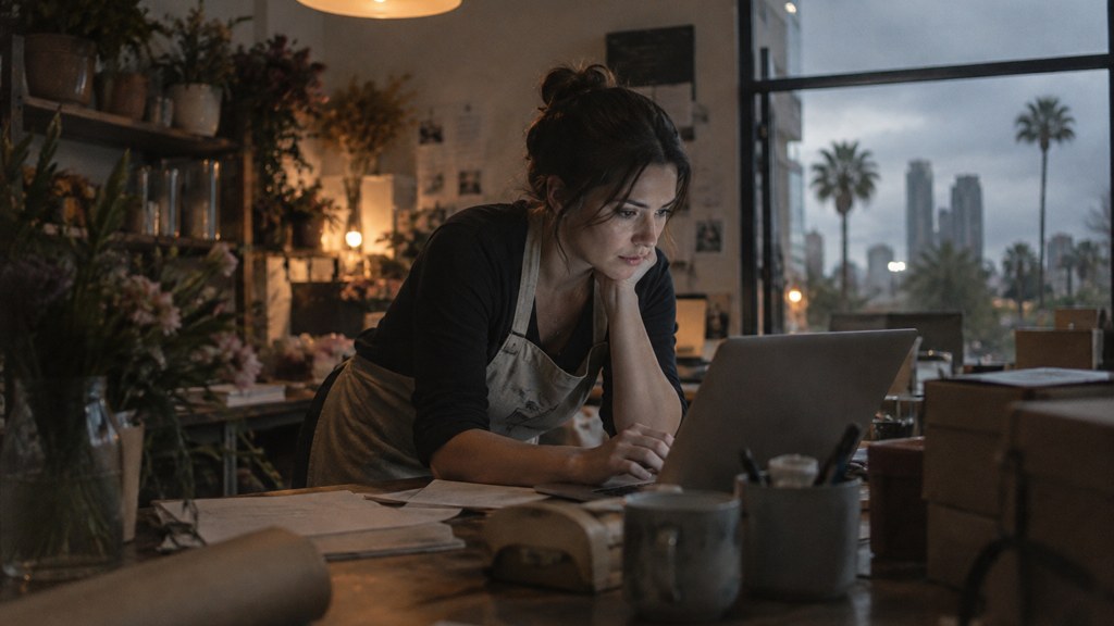 A small-business owner in an apron leaning over a laptop on a cluttered back-office desk late in the day, photographed in Orlando