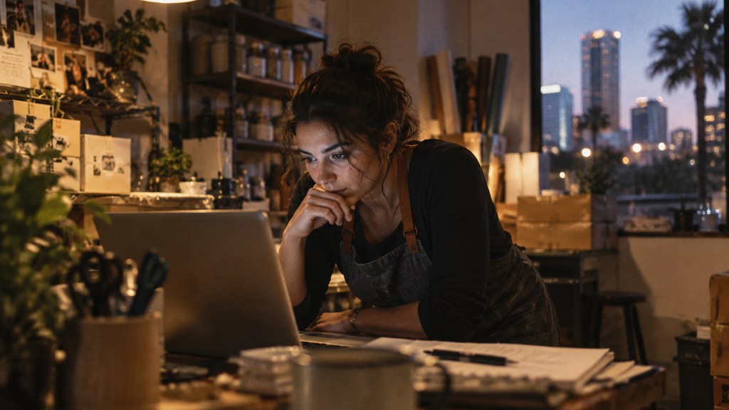 A small-business owner in an apron leaning over a laptop on a cluttered back-office desk late in the day, photographed in Orlando