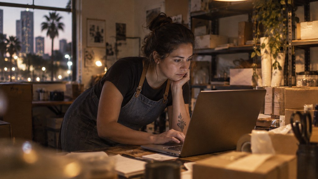A small-business owner in an apron leaning over a laptop on a cluttered back-office desk late in the day, photographed in Orlando