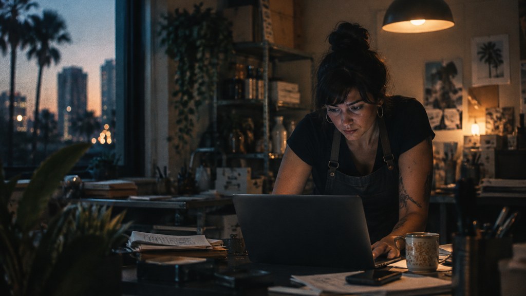 A small-business owner in an apron leaning over a laptop on a cluttered back-office desk late in the day, photographed in Orlando