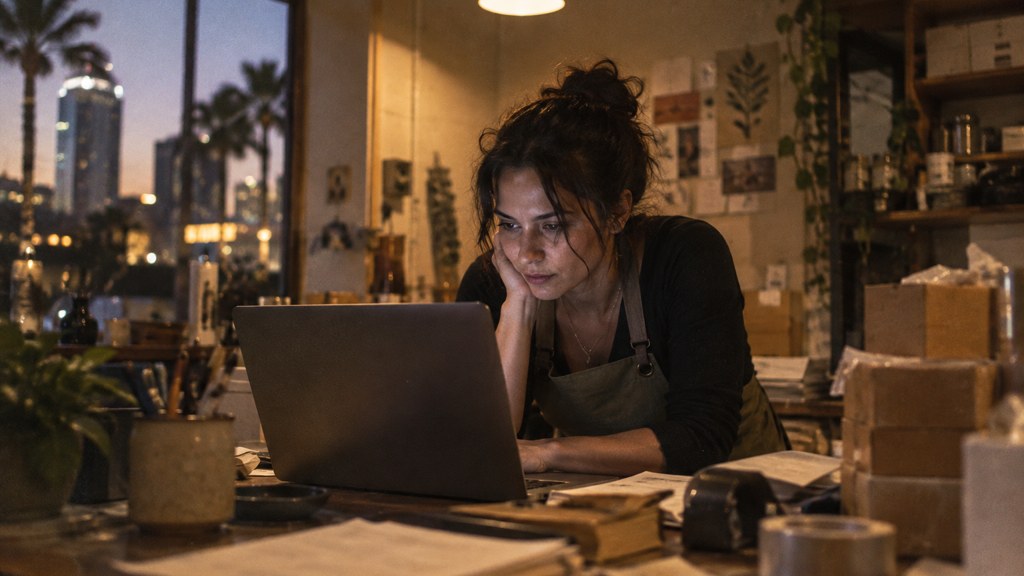 A small-business owner in an apron leaning over a laptop on a cluttered back-office desk late in the day, photographed in Orlando