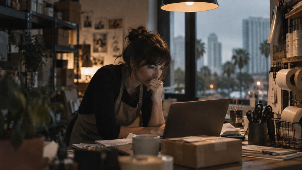 A small-business owner in an apron leaning over a laptop on a cluttered back-office desk late in the day, photographed in Orlando