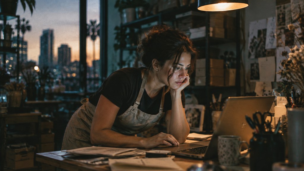 A small-business owner in an apron leaning over a laptop on a cluttered back-office desk late in the day, photographed in Orlando