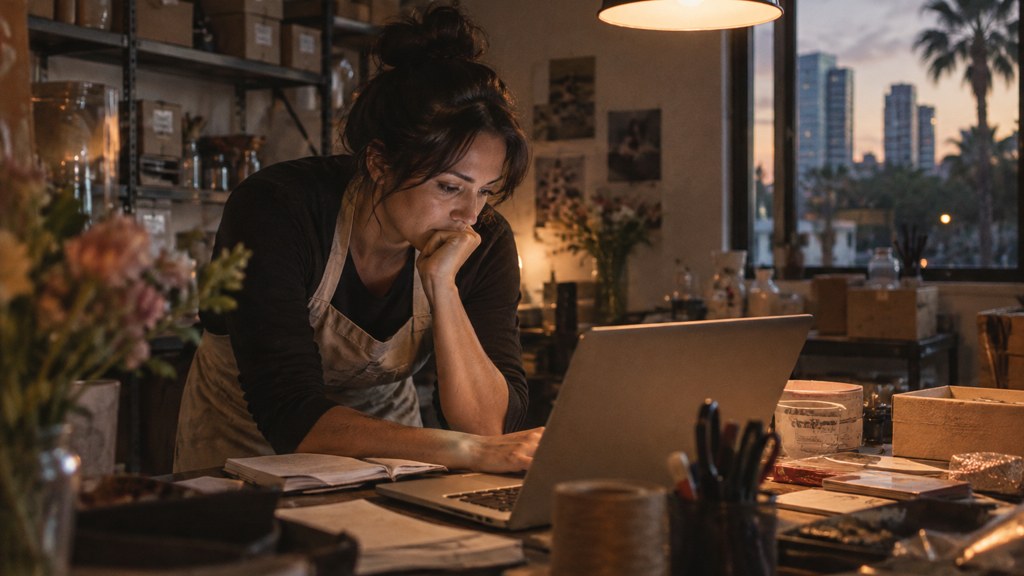 A small-business owner in an apron leaning over a laptop on a cluttered back-office desk late in the day, photographed in Orlando