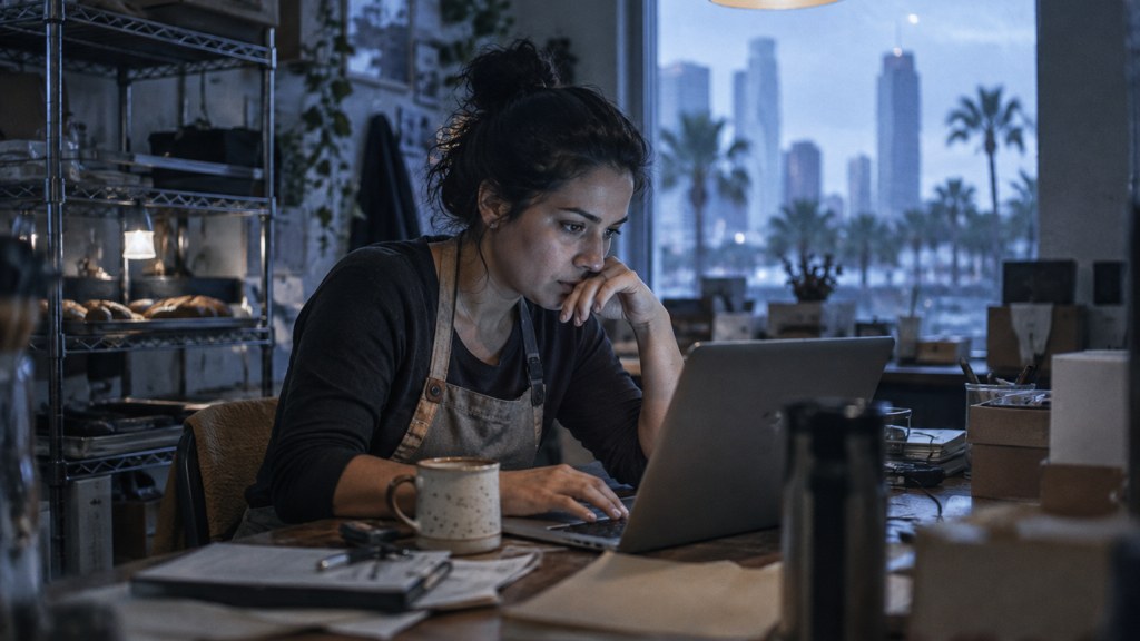 A small-business owner in an apron leaning over a laptop on a cluttered back-office desk late in the day, photographed in Orlando