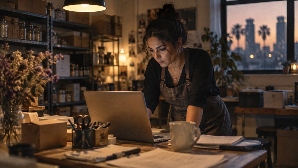 A small-business owner in an apron leaning over a laptop on a cluttered back-office desk late in the day, photographed in Orlando