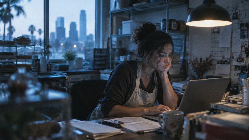 A small-business owner in an apron leaning over a laptop on a cluttered back-office desk late in the day, photographed in Orlando