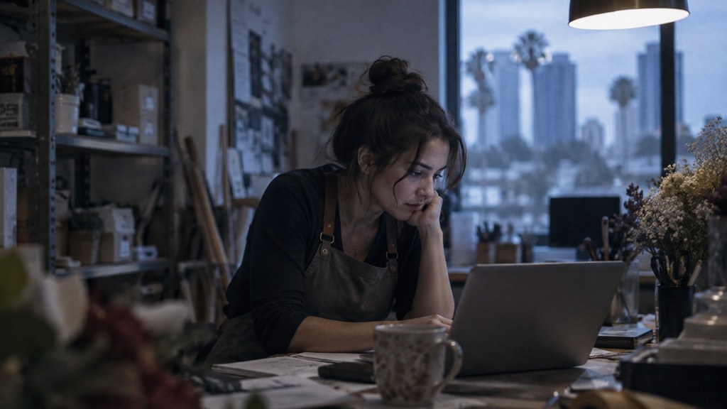 A small-business owner in an apron leaning over a laptop on a cluttered back-office desk late in the day, photographed in Orlando