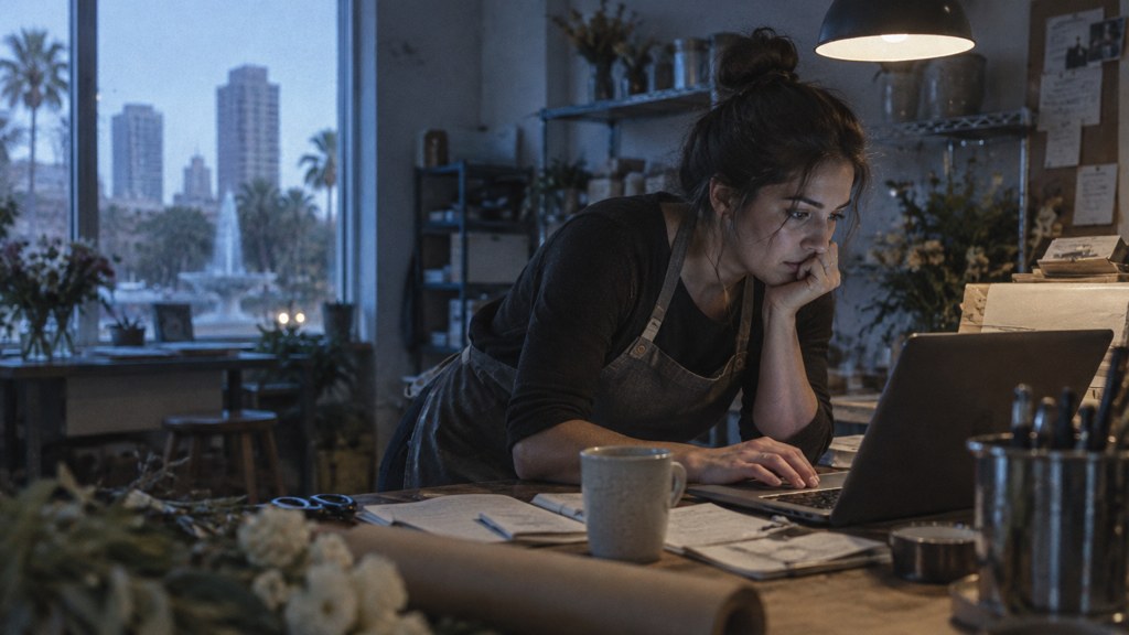 A small-business owner in an apron leaning over a laptop on a cluttered back-office desk late in the day, photographed in Orlando