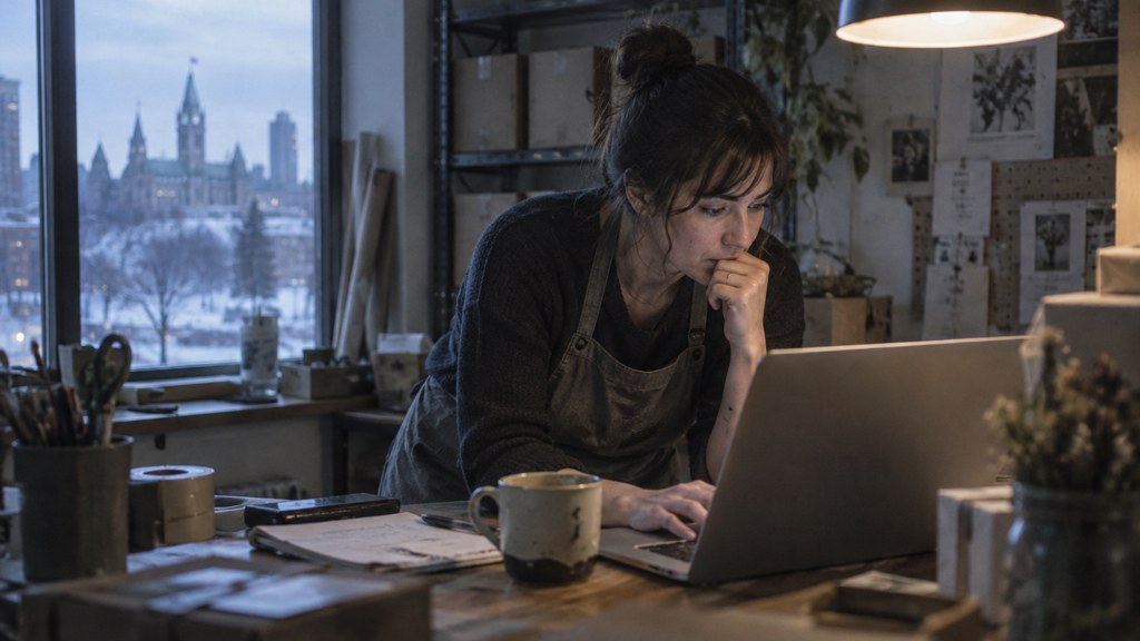 A small-business owner in an apron leaning over a laptop on a cluttered back-office desk late in the day, photographed in Ottawa