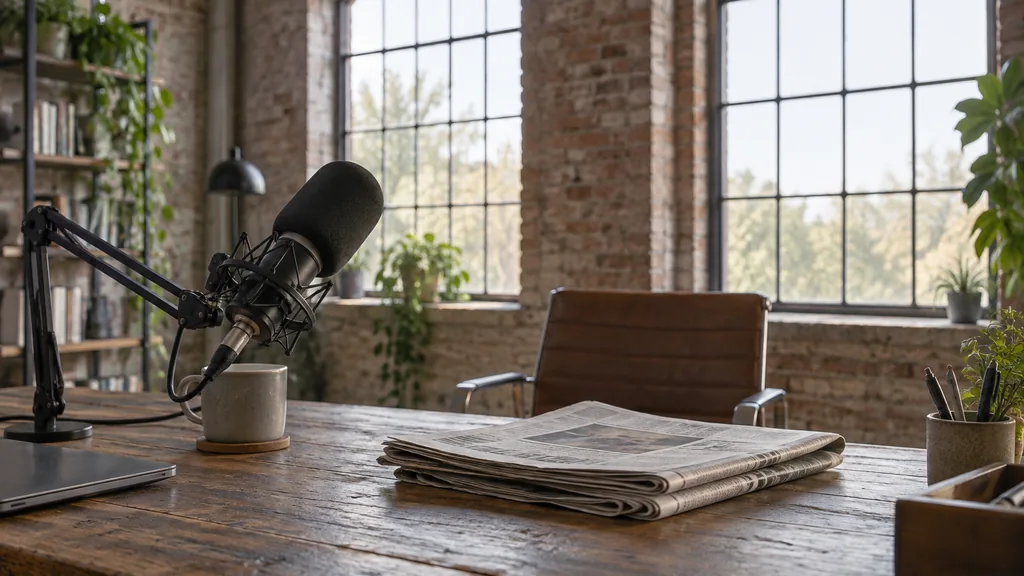 An empty workspace in a converted Victorian mill studio in Leeds on a bright morning, folded newspapers and a switched-off broadcast microphone on a reclaimed oak desk, arched mill windows with pale northern light