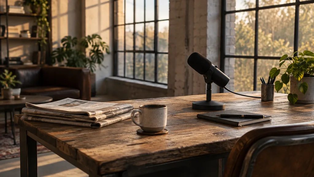 An empty workspace in a harbourside warehouse studio in Bristol in late afternoon, folded newspapers and a switched-off broadcast microphone on a weathered teak desk, large steel-framed windows with soft golden light