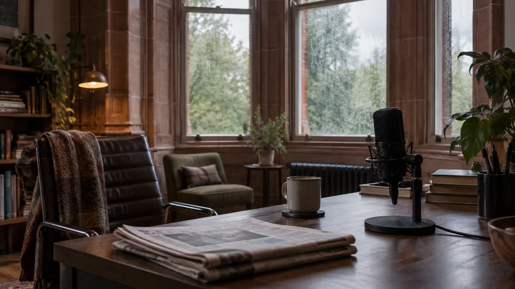 An empty workspace in a red sandstone tenement studio in Glasgow on a rainy morning, folded newspapers and a switched-off broadcast microphone on a dark walnut desk, tall bay windows with soft silver light